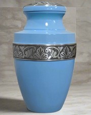 URN FOR ADULT , FUNERAL, BURIAL , METAL, BLUE . HOLDS 230 CI