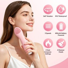 Facial Cleansing Brush Waterproof Face Scrubber Spin Heating Modes 3 Intensities