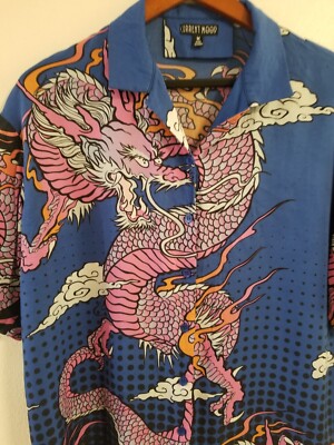 Current Mood Silky Dragon blue short sleeve Shirt medium