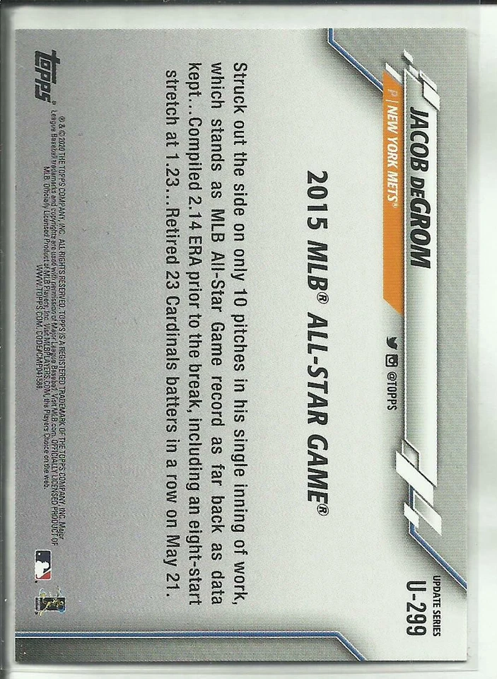 2020 Topps Update Series Wal-Mart Royal Blue #U-299 All-Star Jacob deGrom - Image 2 of 2