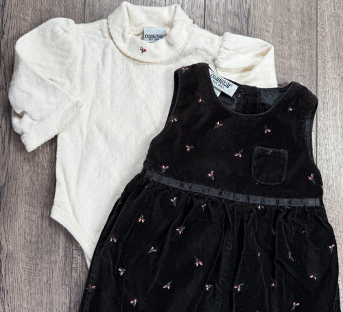 Baby Girl Clothes Vintage Oshkosh 3-6 Month Black Rosebud Overalls Outfit - Picture 4 of 5