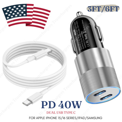 Dual USB C Type C PD 40W Fast Car Charger Adapter Cable For iPhone 16 15 Samsung