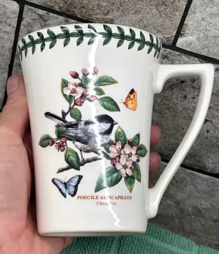 Portmeirion Botanic Garden Butterfly Flowers Chickadee Bird Mug White Green 12oz