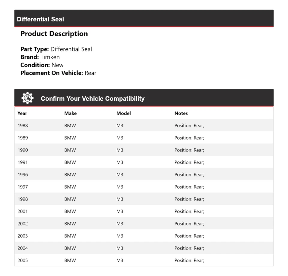 Sello diferencial trasero Timken para BMW M3 1988-1991, 1996-1998, 2001-2005 Foto 2 de 4