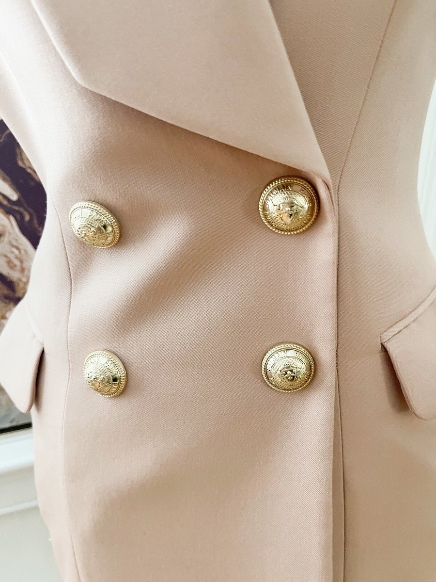 balmain sleeveless blazer dress turquoise gold buttons Balmain Black Wool Cache-Coeur Blazer Dress with Gold Buttons
