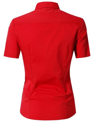 Womens Button Down Shirt Basic SLIM FIT Simple Short Sleeve Collared S010 - Picture 66 of 95