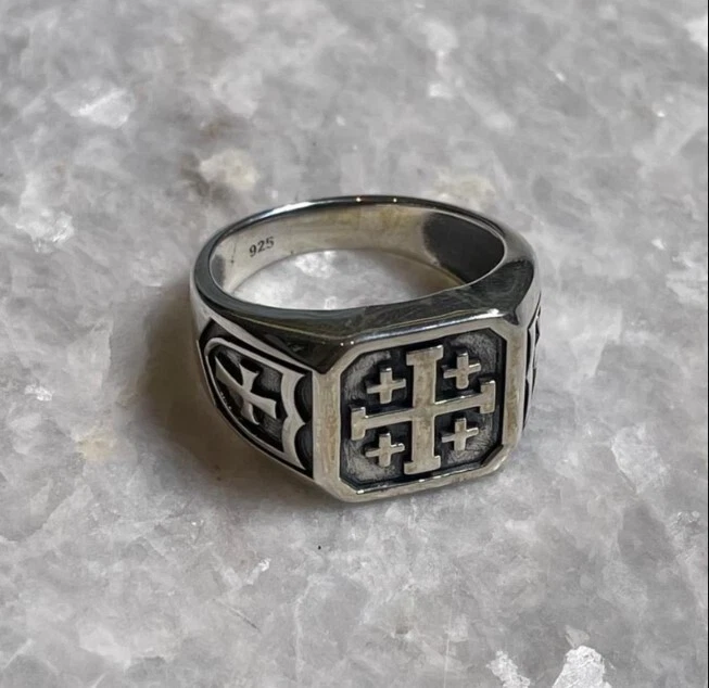 Anel masculino artesão pedra preciosa turca prata maciça 925 cruz Jerusalém MR#580 - Imagem 3 de 4