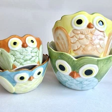 Pier One 1 Imports 4-Pc Owl Nesting Measuring Cup Bowl Set Handpainted Stoneware