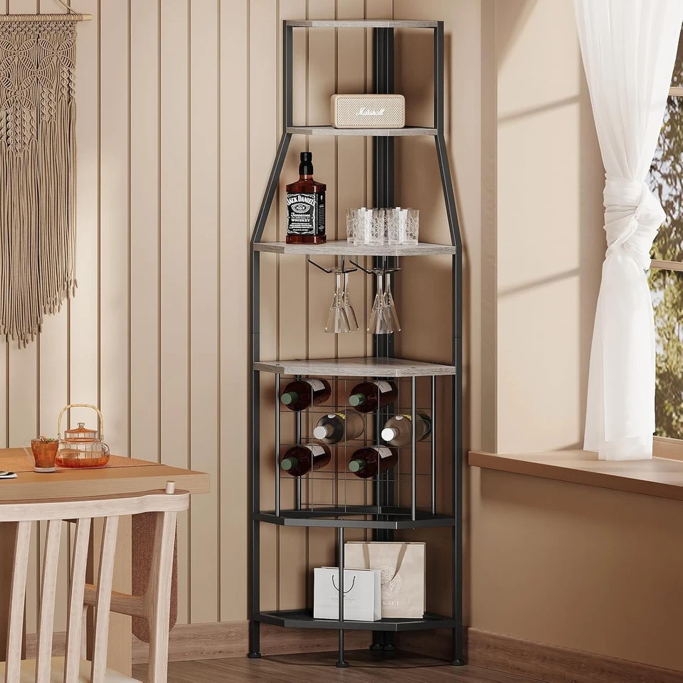 5-Tier Corner Wine Rack with Glass Holder Grey Bottle Storage Home Bar Shelf - Image 3 of 4