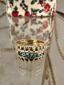Authentic Vintage 18KT HGE Gold Plated Teal Green CZ Rhinestones Ring Size 5