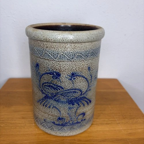 Red Wing Pottery Salt Glaze Utensil Crock 1997 Brown W/BlueBirds Scott Keith 7”