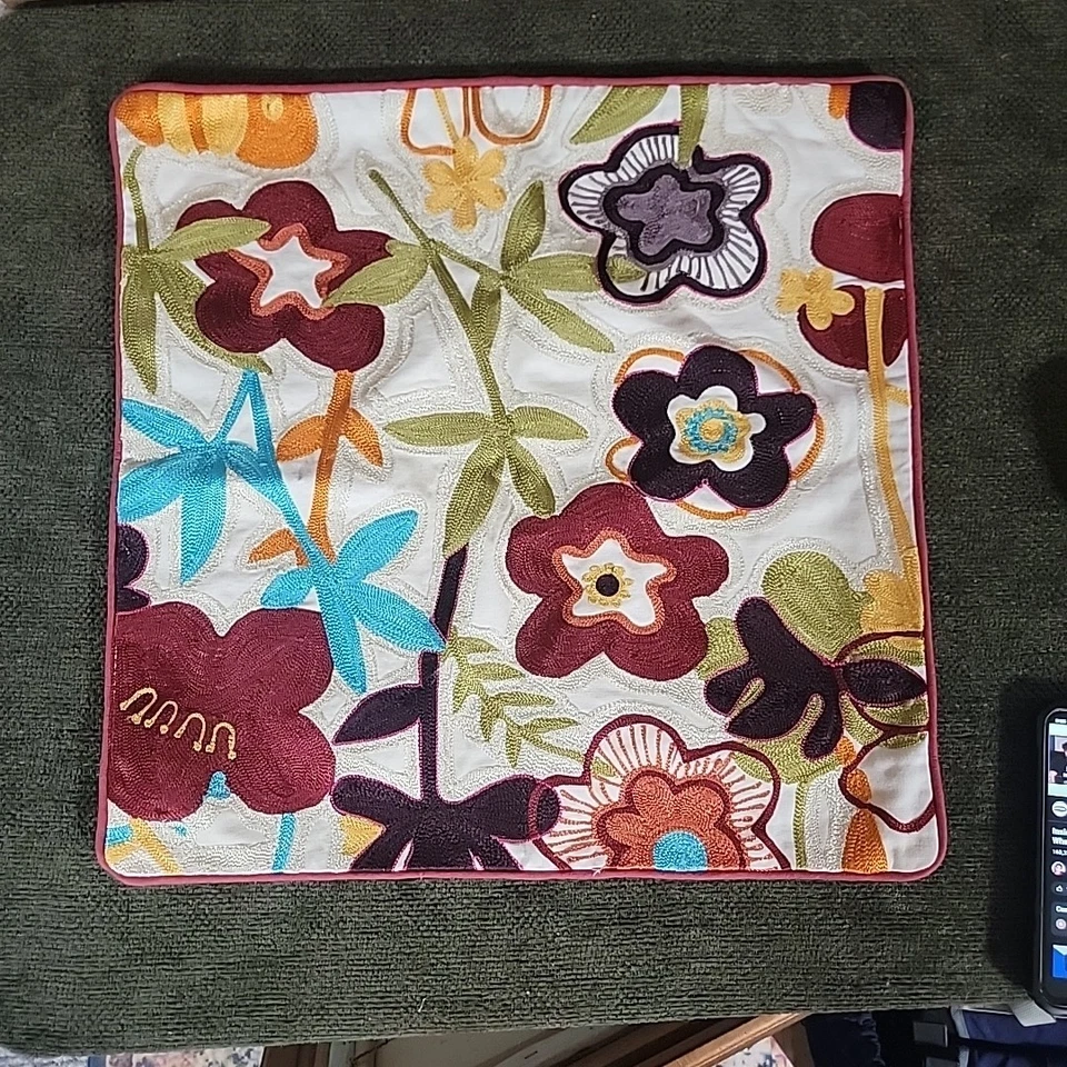 Pier 1 Pillow Cover Floral Embroidered Applique Textured Square 18"x18"  - Image 2 of 4