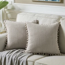 2 Packs Neutral Taupe Decorative Throw Pillow Covers 18x18 Inch with Pom-poms...