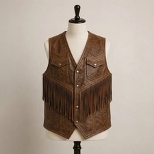 Western Cowboy Vest Men Genuine Leather Fringe Brown New Sleeveless