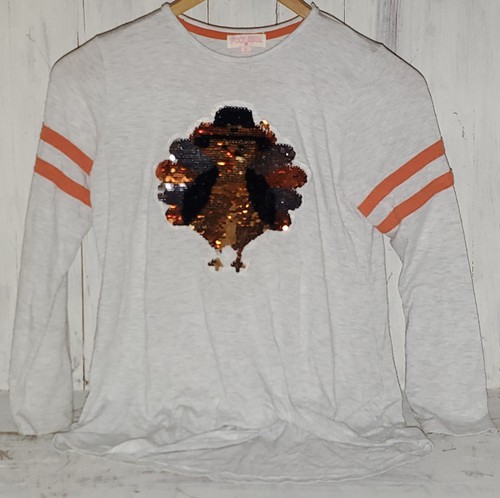 Poof Girl meliertes Pailletten Thanksgiving Türkei Shirt orange XL 12-14 *W25