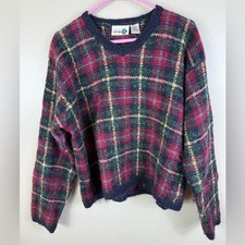 Vintage Plaid Y2K Preppy Wool Mohair Blend Sweater Paul Harris Design V-Neck