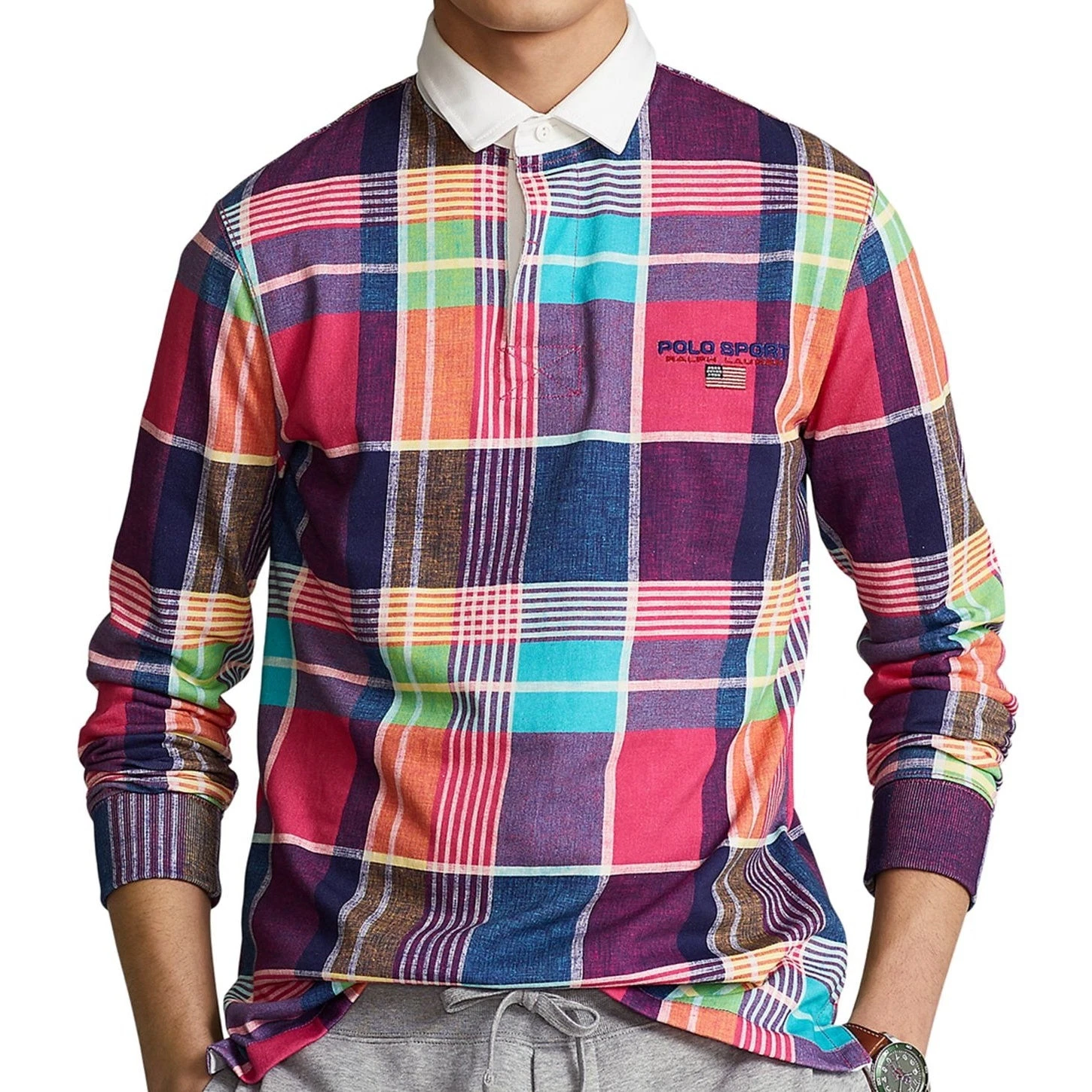 Polo Sport Ralph Lauren Mens Long Sleeve Rugby Shirt (Medium, Pink Madras) $198