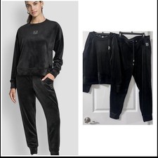 DKNY Womens Black Velour Rhinestone Logo Slim Pant Set, L