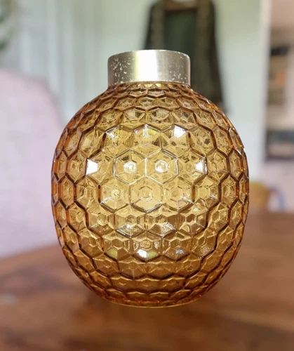 Mid-Century Modern Amber Glass Beehive Light Shade – Textured Honeycomb Pattern