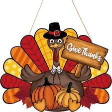 Thanksgiving Decoration Wooden Turkey Pumpkin Door Wreath Large, Give Thanks