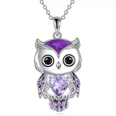 Owl Purple crystal Pendant Necklace with gift box