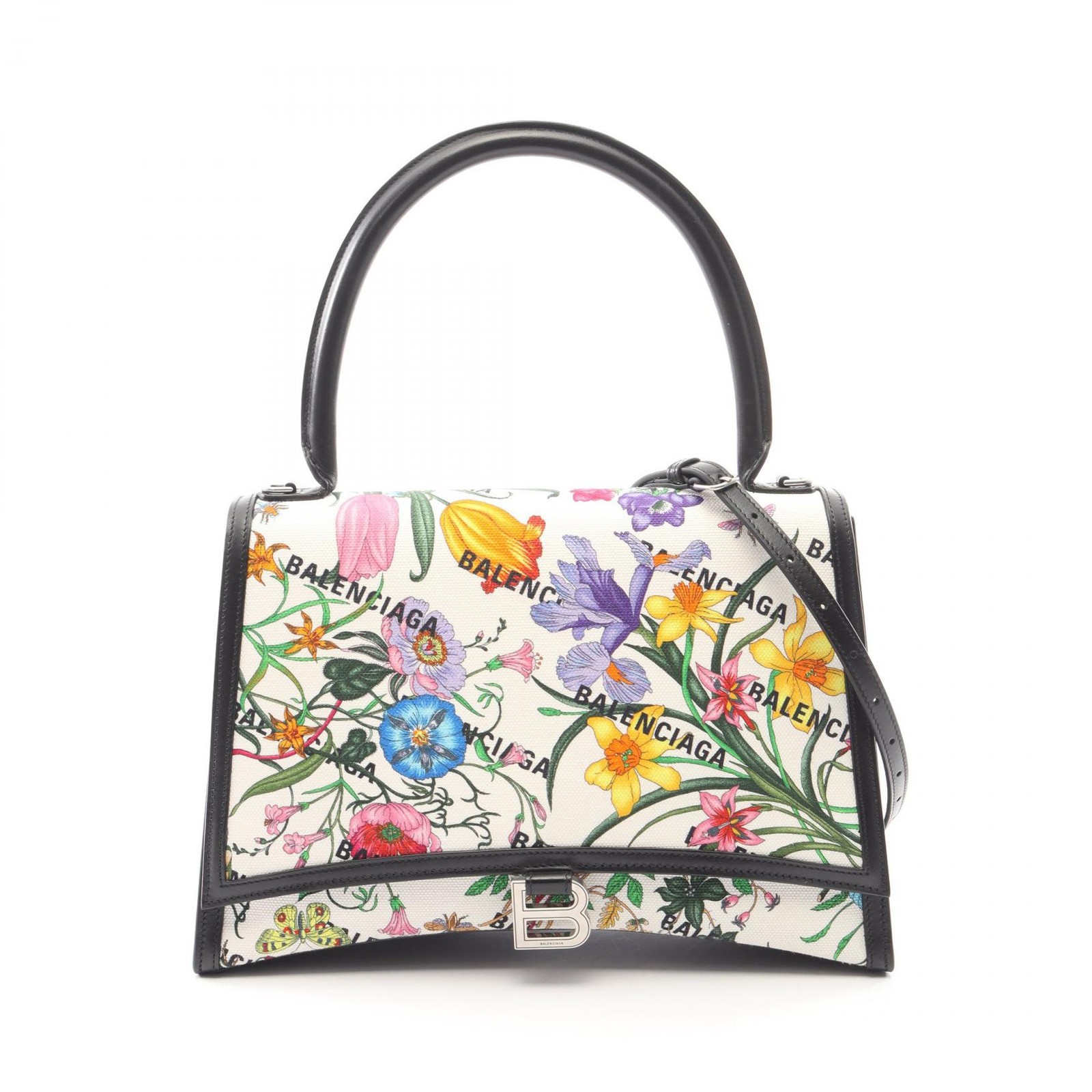 GUCCI BALENCIAGA Flora Reloj de Arena Bolso de Mano 681696 Lona Cuero Blanco ...
