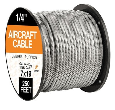 Xpose Safety 7 x 19 Galvanized Steel Aircraft Cable Wire - 1/4 - 250' Reel -