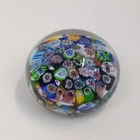 Murano Style Millefiori Art Glass Paperweight Vintage Multicolor Floral Round