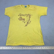 VINTAGE The Caribbean Map Shirt Mens Small Yellow Screen Stars Single Stitch 70s