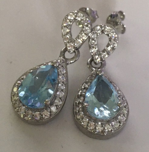 BLUE TOPAZ AND CUBIC ZIRCONIA STERLING SILVER 925 EARRINGS Made In Thailand - Picture 5 of 8
