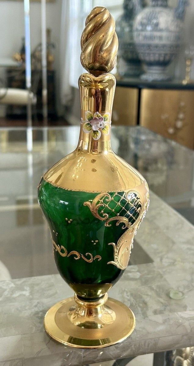 VINTAGE MURANO ITALIAN VENETIAN GLASS DECANTER W/ ENAMEL FLOWERS