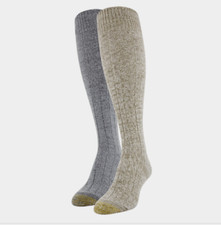 2 Pair GOLD TOE Lodge Premium Plush Cable Knit KNEE SOCKS 1 Gray 1 Khaki NWT