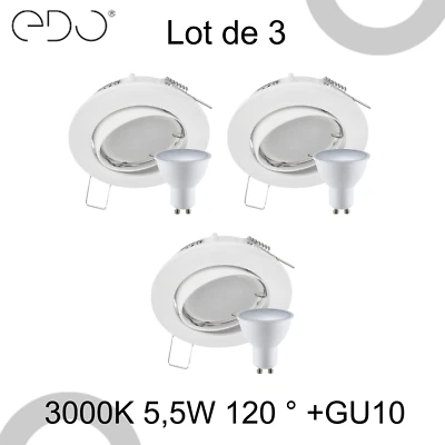 EDO SOLUTIONS Lot de 3x Spot de plafond ZIVA KER blanc +3x GU10 +3x Ampou 5,5W WW, 120° 3000k