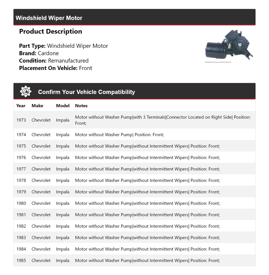 For 1973-1985 Chevrolet Impala Windshield Wiper Motor Front Cardone 1974 1975 - Image 2 of 4