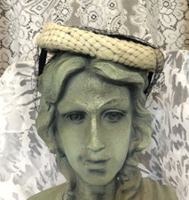 1950s vintage Thin pillbox hat Black top White Faux Fur Trim Veil/Tie Cute S/M