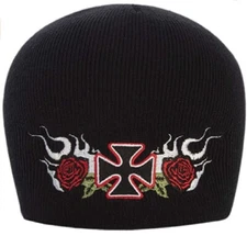 Embroidered Maltese Red Rose Pinstripes over Black Beanie Knit Cap Skully Hat