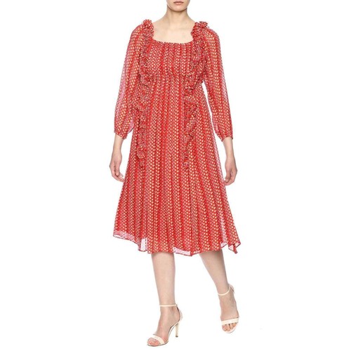 Tanya Taylor Damen Daria Seide Midikleid 8 Chiffon Bauern Rüschen rot geblümt