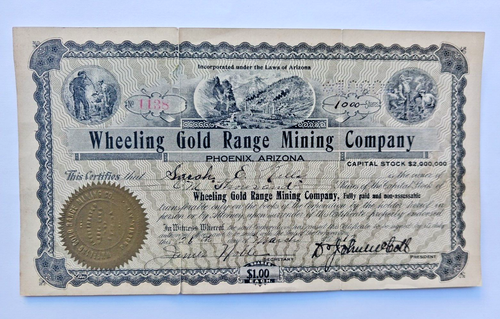 ~Wheeling Gold Mining Company 1912 Stock Certificate – Phoenix Arizona~ - Picture 1 of 8