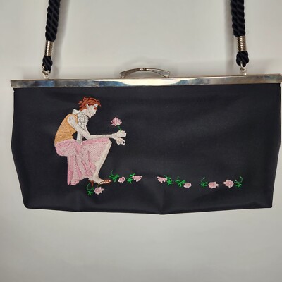 Sydney Love Purse Black Nylon Pink Embroidered Woman Floral Small  Clutch