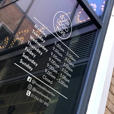 ÖFFNUNGSZEITEN mit individuellem Logo Geschäft Fenster Tür Vinyl Aufkleber Abziehbild (T5)