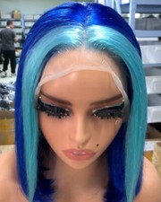Human Hair Wig 13x4 Lace Frontal Wigs Blue Highlight Straight