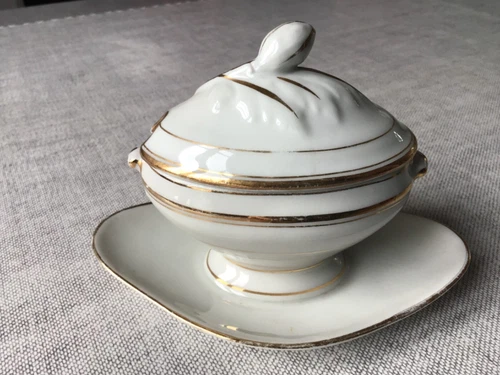 OLD SMALL MUSTARD BOWL SMALL SOUP BOWL PORCELAIN PARIS white and gold