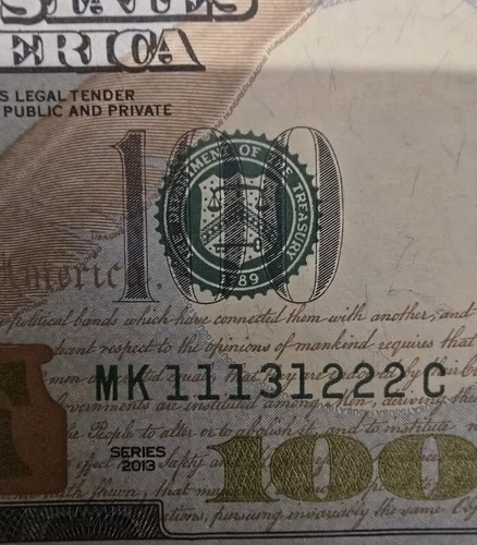 2013 Series $100 Note Fancy Serial Number TRINARY REPEATER MK11131222C - Picture 2 of 2
