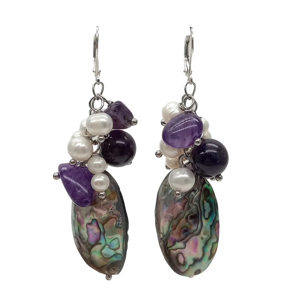 Freshwater White Pearl Amethyst Abalone Shell Silver Leverback Earrings - Image 4 of 4