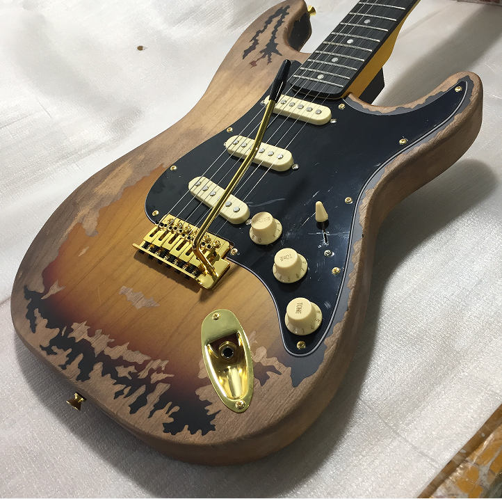 Custom ST Electric Guitar Brown Relic S-S-S Pickups Gold Hardware 
