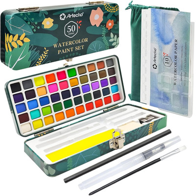 Artecho Aquarellfarben Set 50 Farben Tragbare Box 4 Fluoreszierende