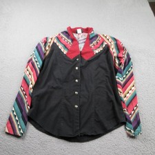 Rough Rider Western Shirt Womens Large Black Aztec V-Neck Button Up USA Made