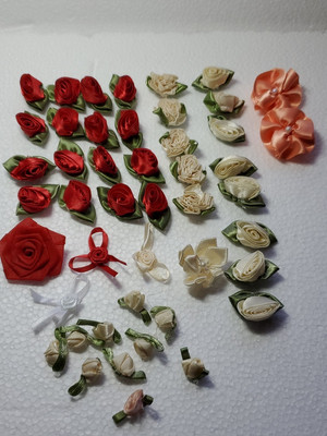 Sewing Craft Mini Satin Ribbon Roses 47 Red White Cream Varying Styles Size Poly