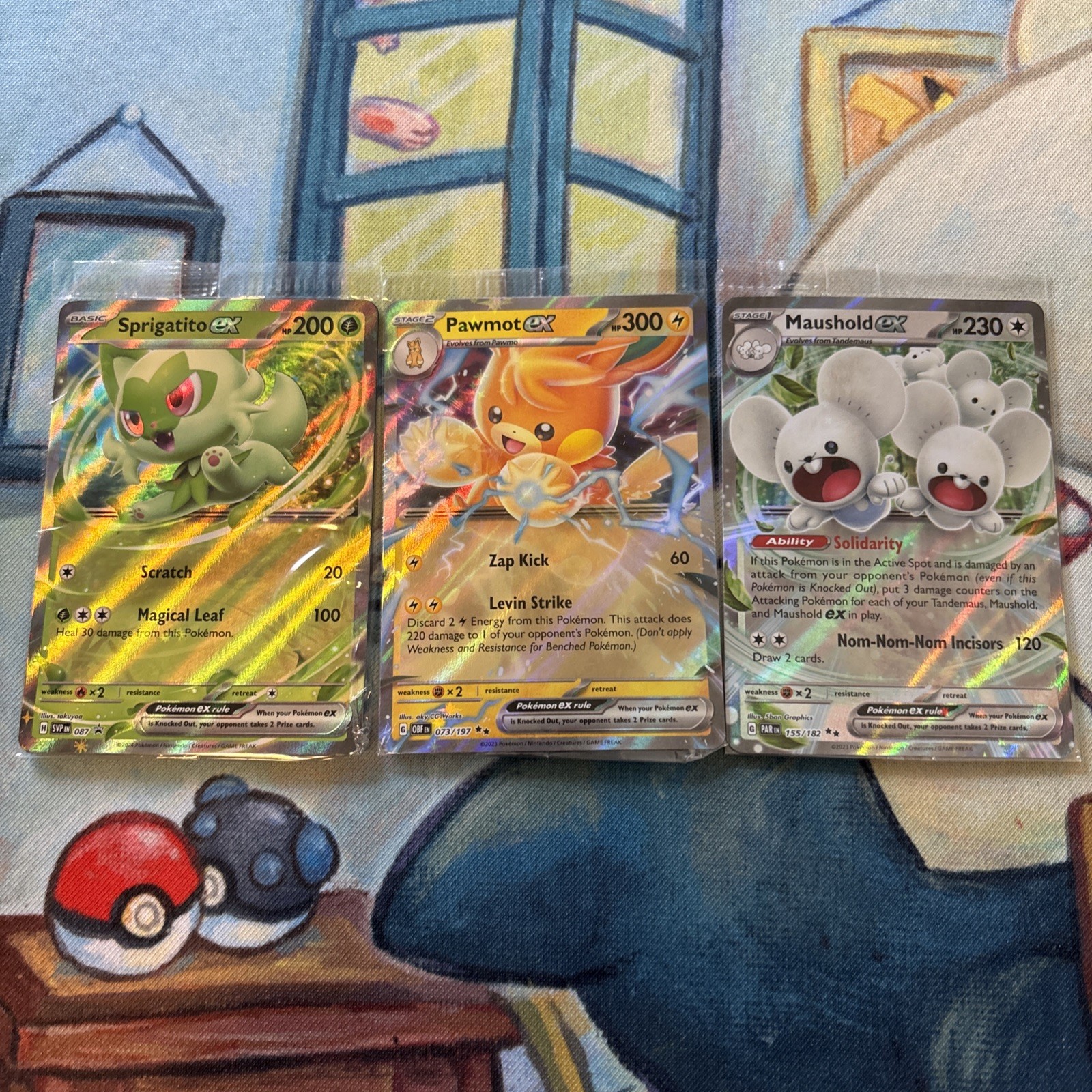 Pokemon Sprigatito Ex SVP 087, Pawmot Ex 073/197, Maushold Ex 155/182 Promo Card