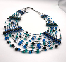 Beaded Bib Statement Necklace Blue Black Turquoise